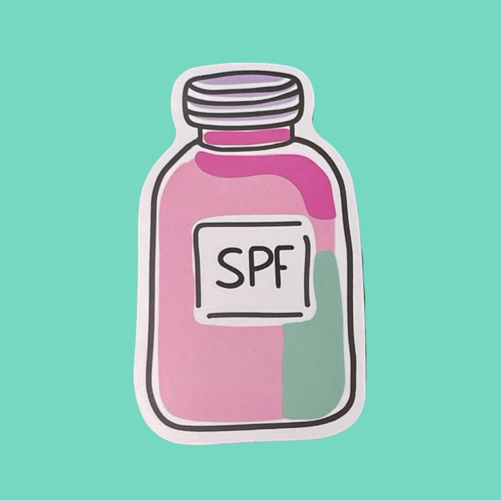 Pink SPF Bottle Sticker Cute Sun Protection Graphic